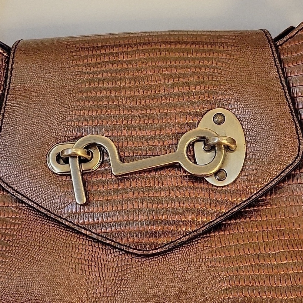 Vtg CHARLIE LAPSON Metallic Copper Brown Baguette Satchel Bag - Picture 5 of 16